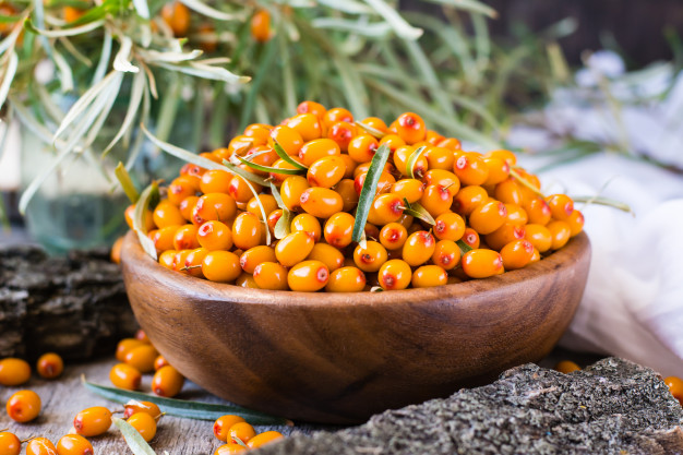 berries of sea buckthorn in a bowl on a wooden table 107288 1113