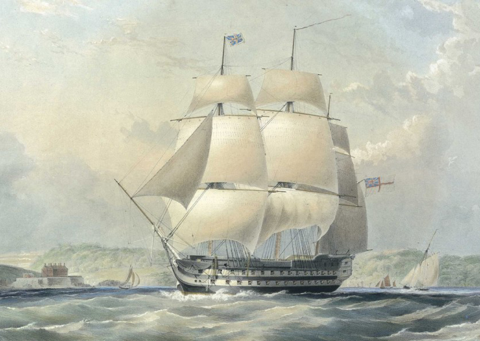 lossy page1 1024px h.m.s. cornwallis 72 guns going out of plymouth harbour rmg py0786.tiff